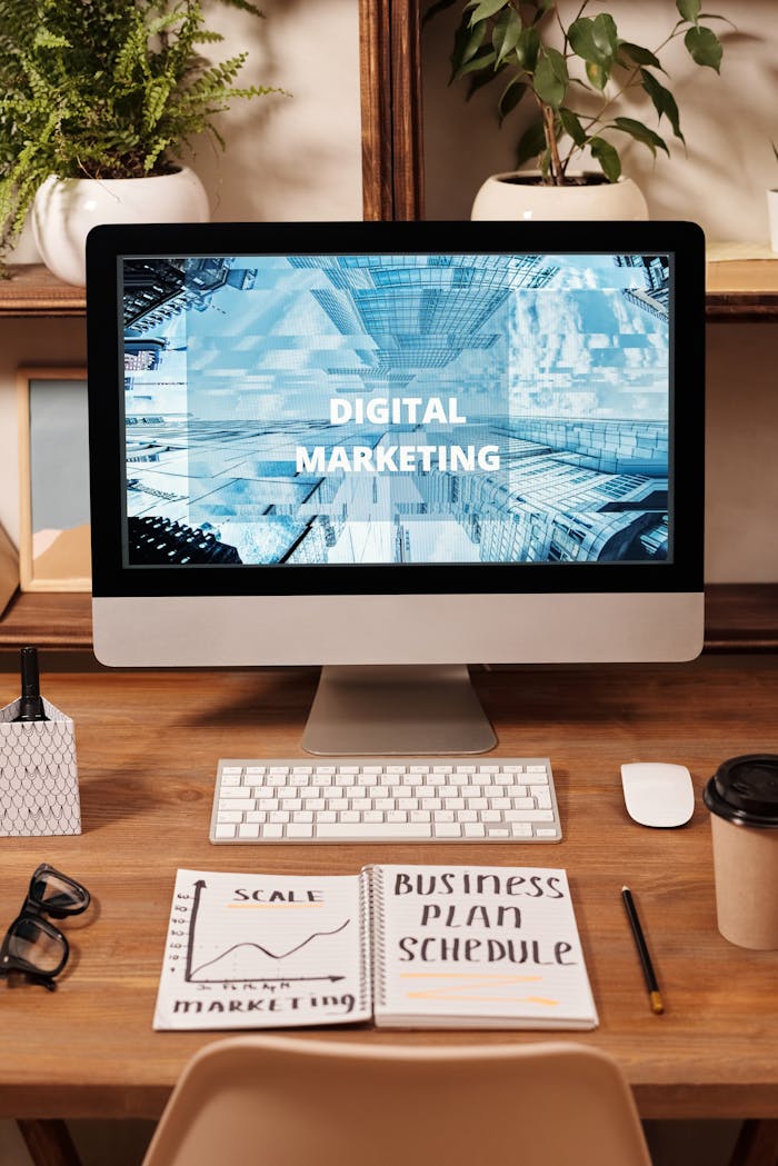 Crafting Captivating Headlines: Your awesome post title goes here Contemporary office setup featuring digital marketing strategy on a computer screen, ideal for business technology themes.